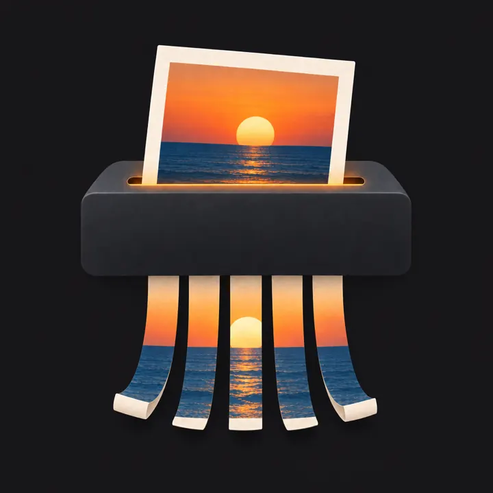 A sunset photo being fed into a shredder and coming out in strips.